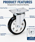 5 Inch Heavy Duty Caster Wheels Set Of 4 Black PU Tread With 2 Rigid And 2 Swivel Units. Close-up view of a swivel caster with heavy-duty construction.