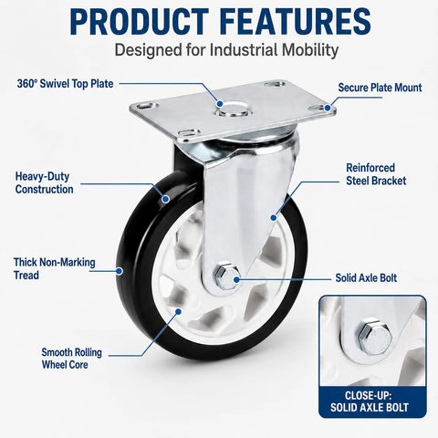 5 Inch Heavy Duty Caster Wheels Set Of 4 Black PU Tread With 2 Rigid And 2 Swivel Units. Close-up view of a swivel caster with heavy-duty construction.