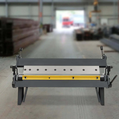Front view of 24 Inch Pan and Box Brake Heavy Duty Sheet Metal Bender With Removable Fingers in a workshop setting.