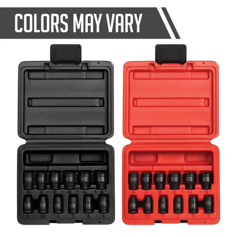 Quarter Inch Drive Magnetic Impact Socket Set, 12-Piece Metric 5mm To 15mm, Cr-Mo Alloy Steel with two storage cases, black and red.