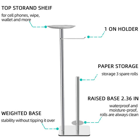 Floor Standing Toilet Paper Holder Dispenser With 4 Roll Capacity And Top Storage Shelf For Phone Wipes Wallet And More In Stainless Steel Chrome Finish Rustproof And Stable Easy Access No Fuss with labeled parts.