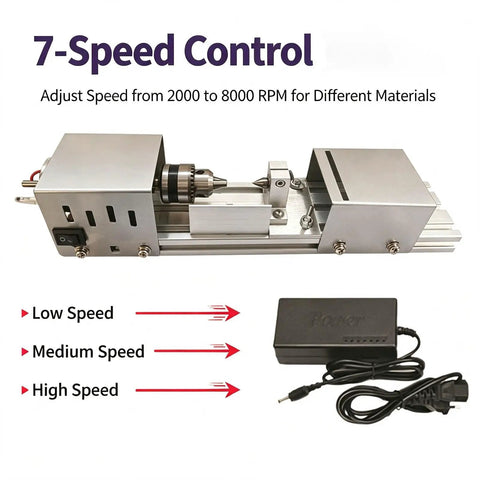 Pro Mini Wood Lathe With 7-Speed Adjustable Control Ranging From 2000 To 8000 RPM with speed adjustment mechanism and power adapter