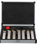 Oscarbide 3/4 in shank nickel-plated indexable lathe tool holder set, 7 pieces with tin-coated carbide inserts in case.