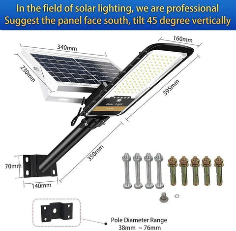 JUDYSSY 80W Led Solar Street Lights Outdoor with solar panel, brackets, and installation hardware for easy setup.