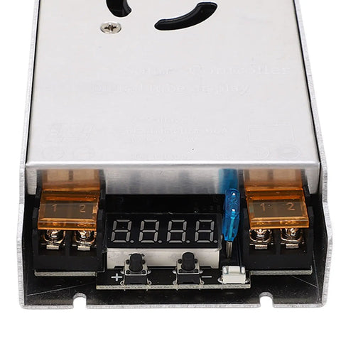 Close-up view of Heavy Duty MPPT Solar Boost Controller Step Up Charge Regulator built tough with digital display and connections.
