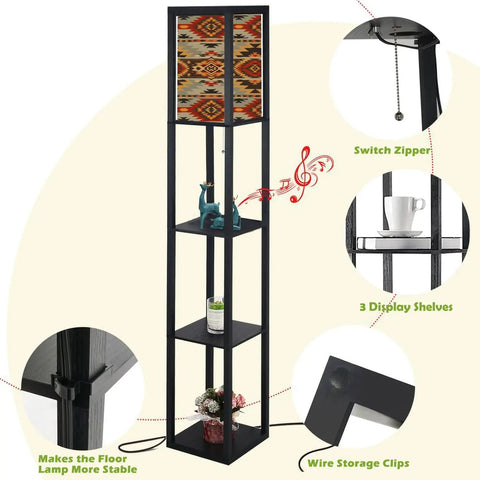 3 In 1 Corner Floor Lamp With Shelves And USB Ports Power Outlet, Navajo Geometric Shade, pull chain, 63 in tall frame