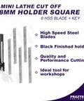 Mini Lathe Parting Tool Holder With 8mm Square Shank, Six HSS Lathe Blades, Allen Key, Precision Parting Blade 1.45mm x 5mm x 63mm, Pro Grade DIY Lathe Tools For Industrial And Mechanical Use, showing tool holder, blades, key, and features.