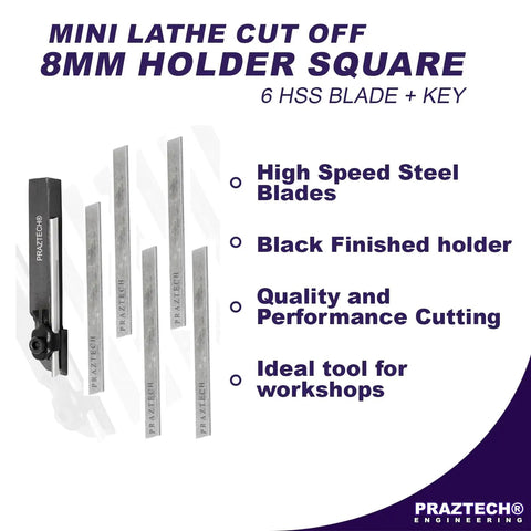 Mini Lathe Parting Tool Holder With 8mm Square Shank, Six HSS Lathe Blades, Allen Key, Precision Parting Blade 1.45mm x 5mm x 63mm, Pro Grade DIY Lathe Tools For Industrial And Mechanical Use, showing tool holder, blades, key, and features.