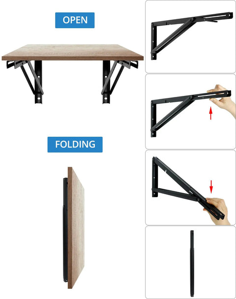 Heavy Duty 24 Inch Folding Shelf Brackets Two Pack Wall Mounted Table Lifts With Slick Swing Action, showing open and folding position.