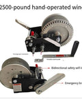 Heavy Duty 2500 Lb Two Way Self Locking Manual Winch with bidirectional safety, portable crank handle, and emergency brake.