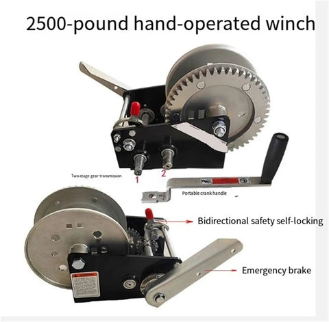 Heavy Duty 2500 Lb Two Way Self Locking Manual Winch with bidirectional safety, portable crank handle, and emergency brake.