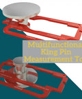 Must Have King Pin Wear Gauge For Trailers 2 Inch And 3.5 Inch Aluminum Alloy Tool With Handle Detect SAE J700 And J848 Kingpins, Easy 360 Degree Spin To Check Pin Wear On Level Ground, Built Tough For Real Trailer Work. Red aluminum trailer kingpin wear gauge with handle, shown in two angles