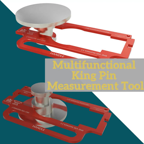 Must Have King Pin Wear Gauge For Trailers 2 Inch And 3.5 Inch Aluminum Alloy Tool With Handle Detect SAE J700 And J848 Kingpins, Easy 360 Degree Spin To Check Pin Wear On Level Ground, Built Tough For Real Trailer Work. Red aluminum trailer kingpin wear gauge with handle, shown in two angles