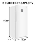 Built Tough 17 Cubic Foot Upright Convertible Fridge And Freezer With Auto Defrost, shown with dimensions, in white finish.