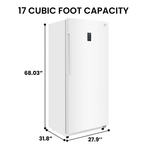 Built Tough 17 Cubic Foot Upright Convertible Fridge And Freezer With Auto Defrost, shown with dimensions, in white finish.