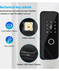 Top Shelf Smart Deadbolt Lock With Fingerprint And Phone App Control IC Card Keyless Entry Zero Hassle Setup Weather Shielded Aluminum Alloy Exterior Security Hardware mechanical key unlock features with hidden keyhole and USB power interface.