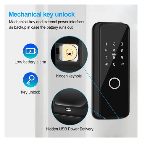 Top Shelf Smart Deadbolt Lock With Fingerprint And Phone App Control IC Card Keyless Entry Zero Hassle Setup Weather Shielded Aluminum Alloy Exterior Security Hardware mechanical key unlock features with hidden keyhole and USB power interface.
