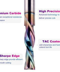 Close-up of SpeTool downcut spiral router bit, 1/4 in shank, 1/4 in dia, 1 in length, TAC-coated rainbow finish.
