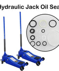 15 Piece 3 Ton Hydraulic Floor Jack Seal Kit With O Ring Seals Complete Fix Kit For SUVs Trucks And Automotive Jacks Universal Fit For Most Horizontal Floor Jacks, shown with blue jacks and assorted seals.