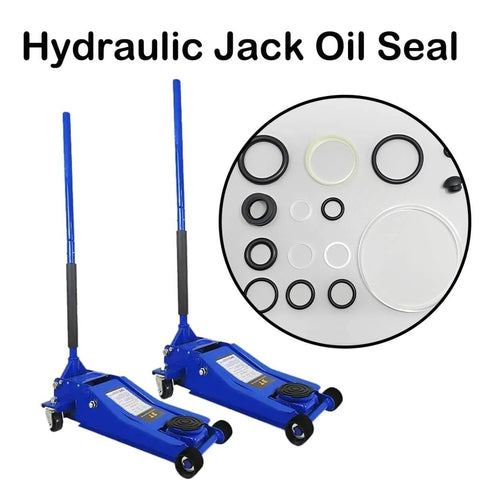 15 Piece 3 Ton Hydraulic Floor Jack Seal Kit With O Ring Seals Complete Fix Kit For SUVs Trucks And Automotive Jacks Universal Fit For Most Horizontal Floor Jacks, shown with blue jacks and assorted seals.