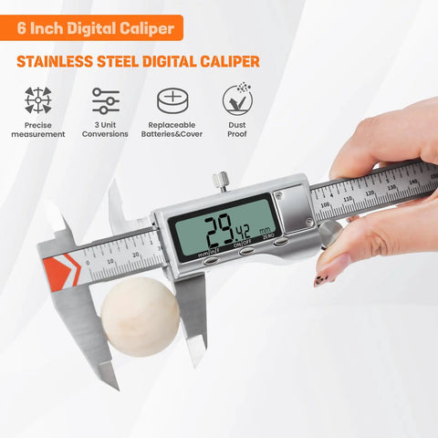 Beefy All Metal Digital Caliper With Extra Batteries And Battery Cover 6 Inch Measuring Tool showing 29.42mm on LCD
