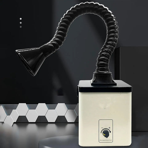 Straight Up Solid Soldering Fume Extractor With 90W Brushless Motor And Three Stage Filtration delivering flexible hose and intake