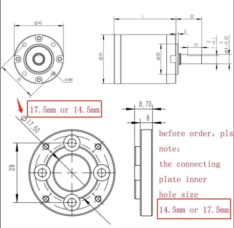 Technical diagram of Planetary Gearbox PG42 Speed Reducer 42mm Diameter With 8mm D Type Shaft All Metal Gears, showing dimensions