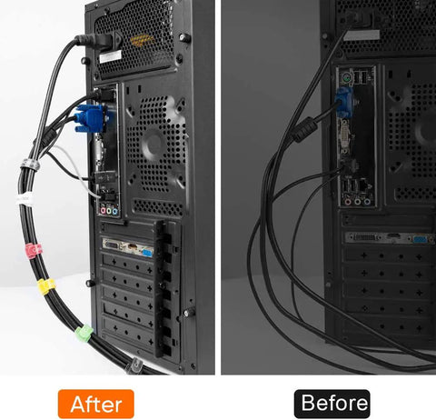 Before and after of computer cables organized with Reusable 6 Inch Adjustable Cable Ties For Easy Cable Management Premium Nylon Hook Loop Straps