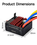 Product dimensions of 60A Waterproof Brushed ESC for 2-3S LiPo RC Cars, Trucks, Boats, and 1/10 Scale Crawlers, with T-Plug connectors.