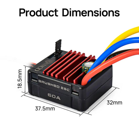 Product dimensions of 60A Waterproof Brushed ESC for 2-3S LiPo RC Cars, Trucks, Boats, and 1/10 Scale Crawlers, with T-Plug connectors.