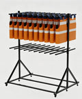 Rolling Life Vest Organizer Rack Is Total Game Changer For Sorting Water Sports Gear with vests hanging on a mobile black frame.