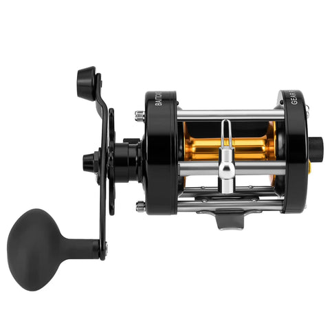 Rover Round Baitcasting Reel For Right Handed Fishing, Heavy Duty Aluminum Side Plates, CNC Spool, Brass Gears, side view