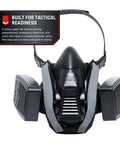 Top Shelf Half Face Tactical Respirator Mask With Quick Release Harness and Helmet Compatible fit, compact design for tactical use.