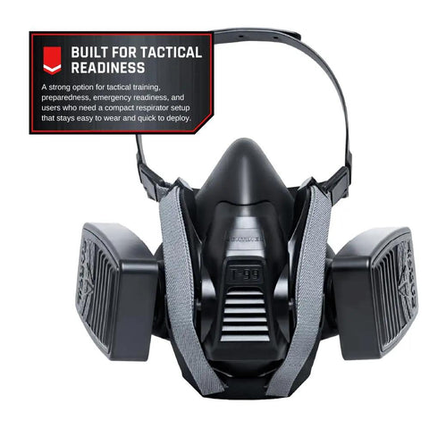 Top Shelf Half Face Tactical Respirator Mask With Quick Release Harness and Helmet Compatible fit, compact design for tactical use.