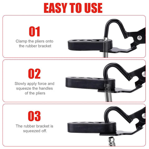 Steps to use Exhaust Hanger Removal Tool And 4 Hole Rubber Hangers Kit For Cars Trucks with pliers clamping onto rubber hangers.