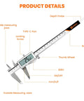 8 Inch Digital Caliper With Rechargeable USB Type C Power, shows LCD screen, jaws, depth probe, thumb wheel, stainless steel construction