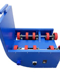 Blue Heavy Hitter 110 Volt Electric Drum Rotator Mixer with red rollers for blending standard steel barrels.