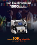 IMC01 Bank Grade Money Counter With Mixed Denominations And Multi Currency Support, Serial Number Tracking, 2 CIS UV IR MG MT Counterfeit Detection, Printer Compatible, White, 2 Year Warranty displayed in high-speed operation mode.