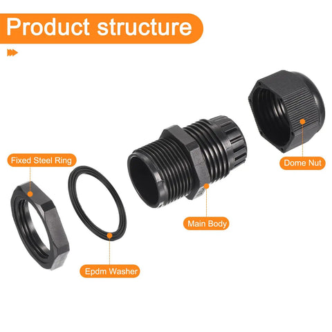 20 Piece Cable Gland Kit With Adjustable Rugged Waterproof Conduit Fittings showing main body, dome nut, EPDM washer, and steel ring