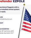 Defender Inground Flag Pole Kit Built Tough For Outdoors With Winds Up To 130 MPH, 21' polished aluminum pole with American flag