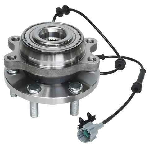 4WD Wheel Bearing Hub Assembly Set For Nissan Frontier And Pathfinder, 6 Lug With ABS, front hub view with wiring visible