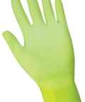Ultra Thin Polyurethane Nylon Work Gloves Pug11 With High Visibility Neon Yellow And White Coating, shown palm up.