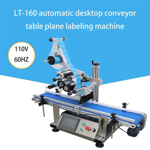 Straight Up Efficient 110V Quick Setup Automatic Desktop Conveyor Bottle Labeler Pro With Smart Touch Screen Display For Round Cosmetics Beverages And Grocery Stock on a blue background.