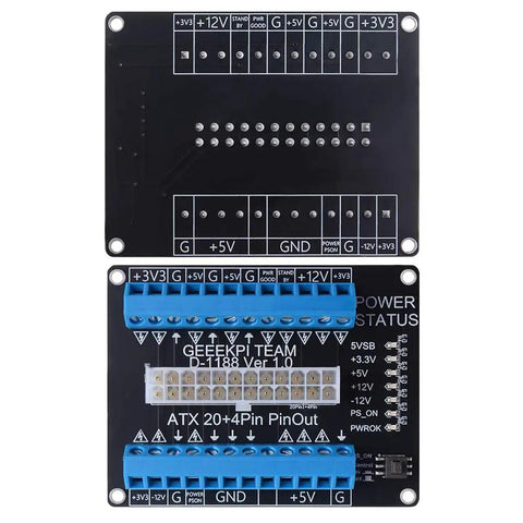 ATX Power Supply Breakout Board 24 Pin To 20/20+4/24 Header With Latching On Off Button, Independent Channel LEDs visible