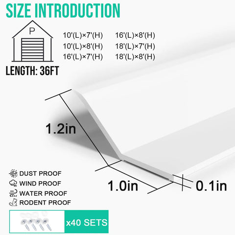 Heavy Duty Garage Door Seal Top And Sides 36Ft White Flexible TPE Self Adhesive Weather Stripping Kit with size dimensions