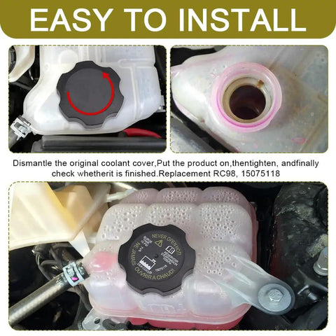 Radiator Surge Tank Cap Easy Install Coolant Cap For Cars Car Cooling Water Tank Cover, shown installed on a GM vehicle, OEM 15075118 RC98