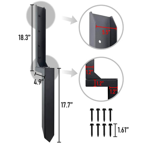 2 Pack Fence Post Repair Kit With Heavy Duty Steel Ground Spikes for quick fixing of 4x4 and 6x6 wood posts, dimensions shown.