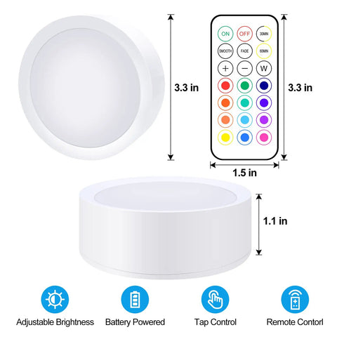 Remote Puck Lights Kit, 3 Pack With 13 Color Changing Under Cabinet Lights shown with remote control measurements