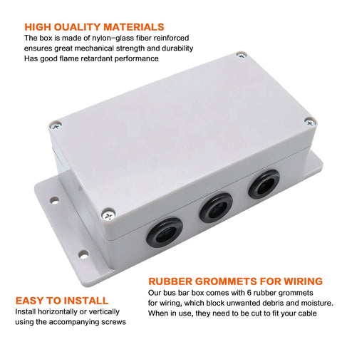 Heavy Duty 500A Bus Bar Tin Plated Copper Junction Block with six M8 studs and rubber grommets for easy wiring.