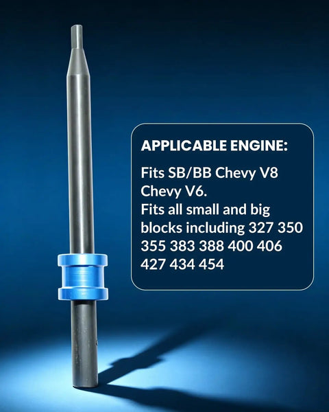 Premium Oil Pump Primer Tool For Gm Chevy Small And Big Block V6 V8, metal tool with a blue collar, fits various Chevy engines.